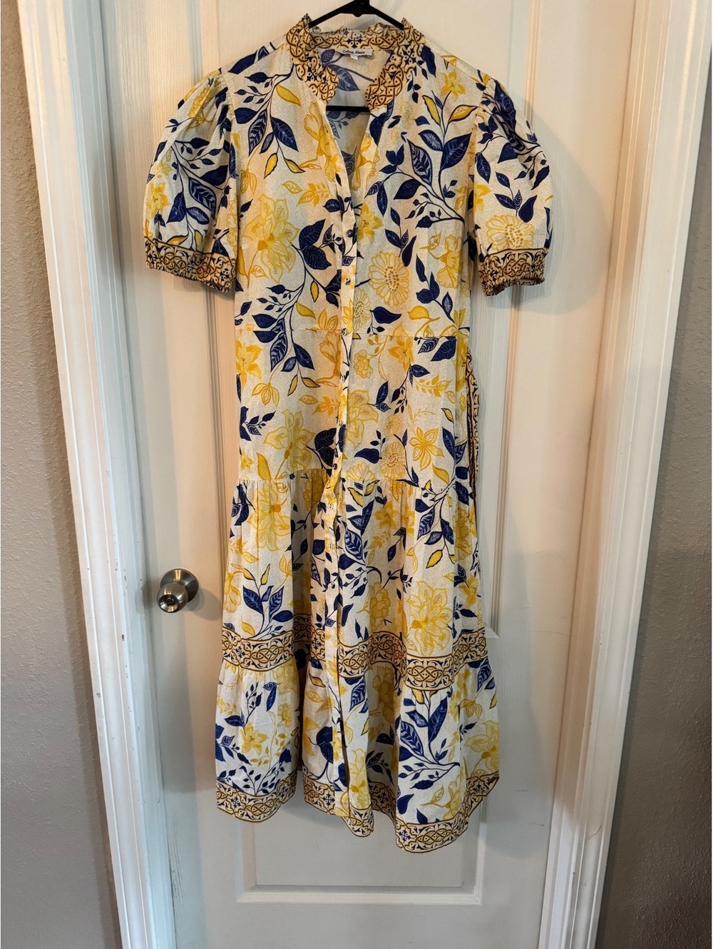Celina Moon Floral Button-Down Midi Dress with Puff Sleeves